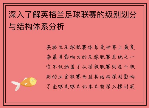 深入了解英格兰足球联赛的级别划分与结构体系分析